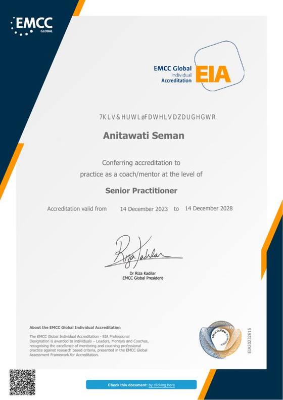 EMCC Global Individual Accreditation (EIA) Senior Practitioner — Anitawati Seman