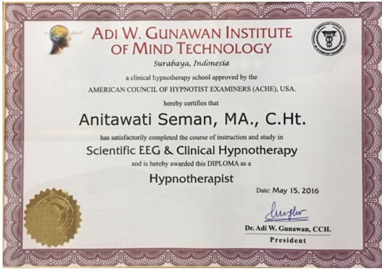 Diploma Hypnotherapist — Scientific EEG and Clinical Hypnotherapy, Adi W. Gunawan Institute